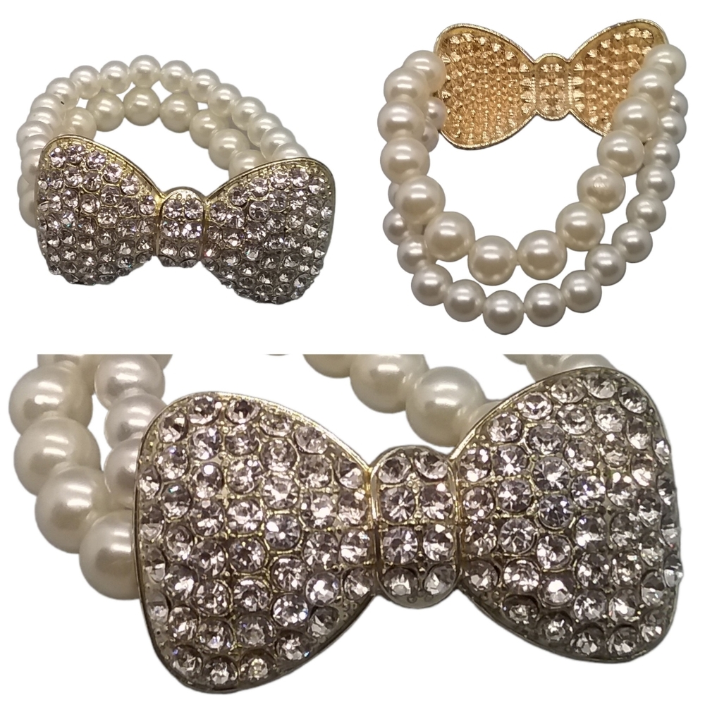 Vintage Bracelet Rhinestone Bow Double Strand Faux Pearl